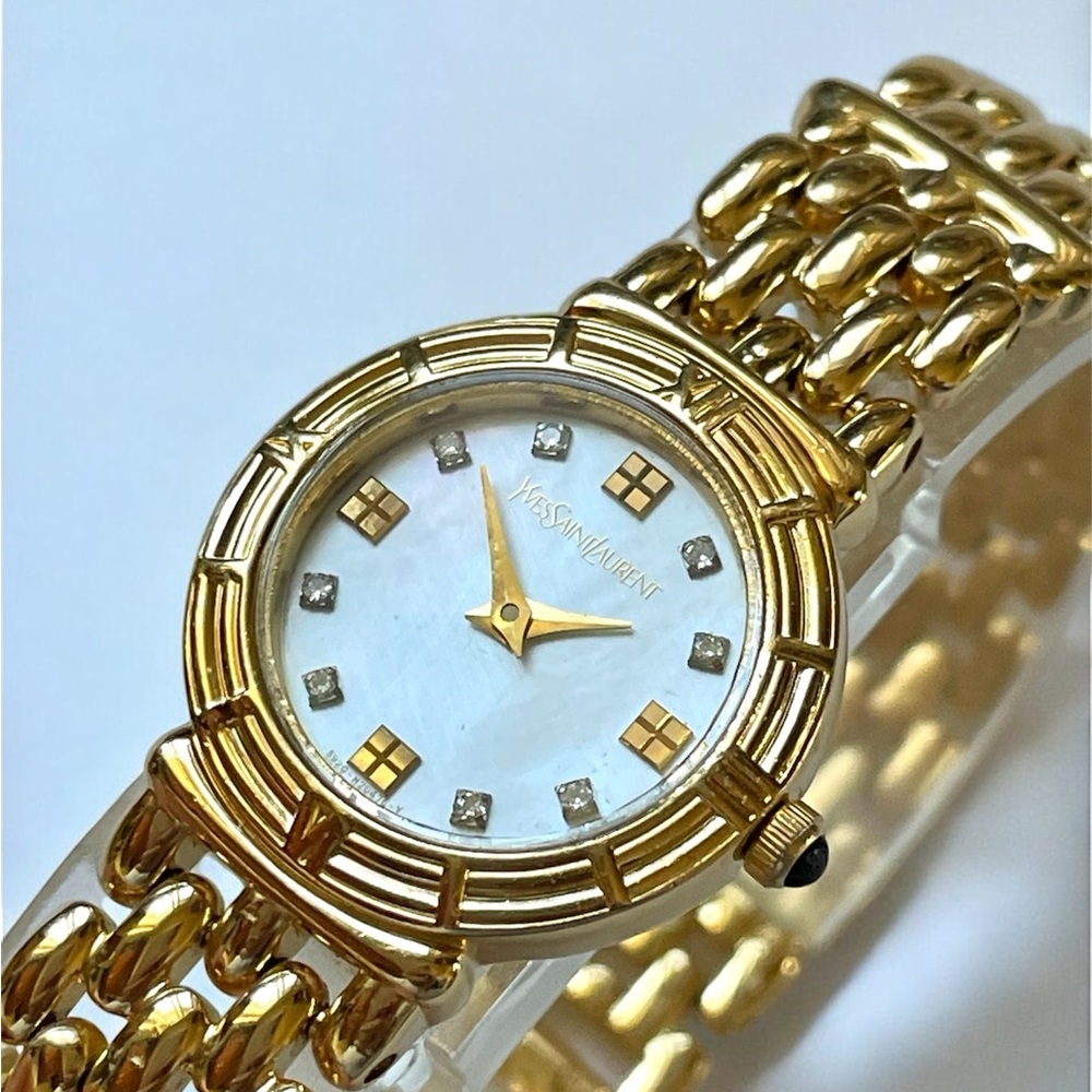 Vintage Yves Saint Laurent Mother of Pearl Dial Gold Watch